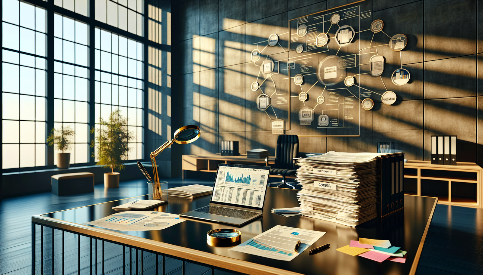 A neatly organized modern office space featuring a desk with an open laptop, documents, magnifying glass, and colorful sticky notes. The background includes diagrams on a wall and large windows.