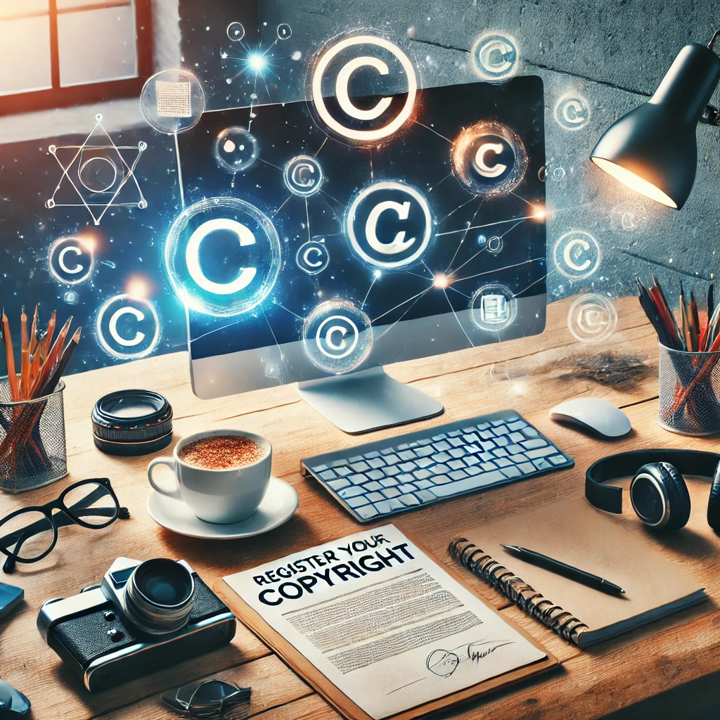 DALL·E 2025-03-13 19.36.52 - A creative professional's desk workspace with items symbolizing copyright protection. The desk includes a computer displaying a 'Register Your Copyrig
