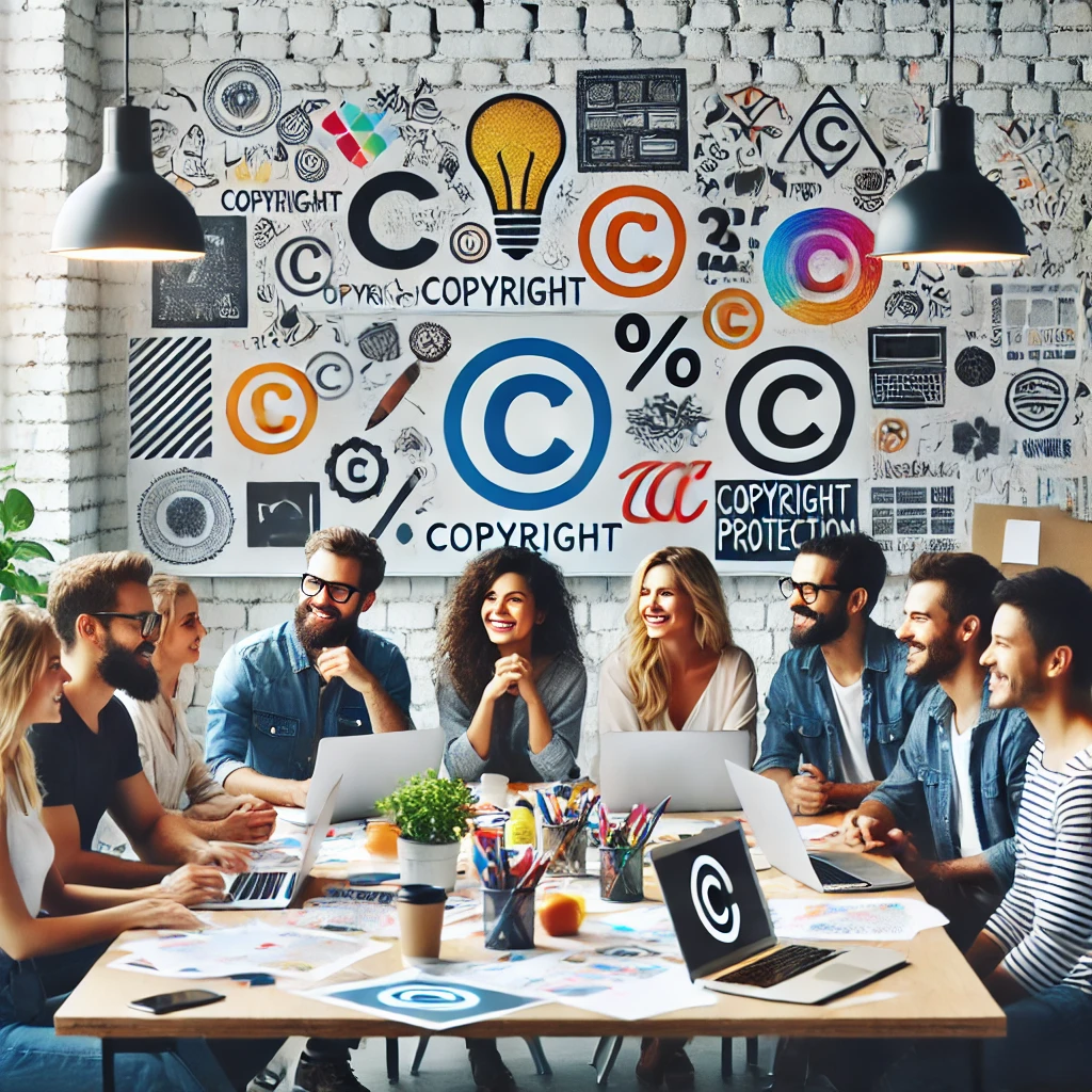 DALL·E 2025-03-13 19.40.35 - A creative team of artists and designers in a collaborative workspace, discussing copyright protection. On the whiteboard behind them are notes and sy